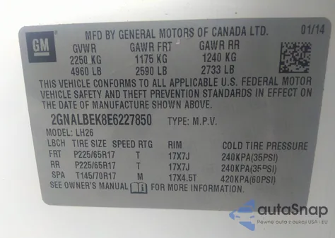 2014 Chevrolet Equinox 1Lt z USA, uszkodzony, nr VIN 2GNALBEK8E6227850